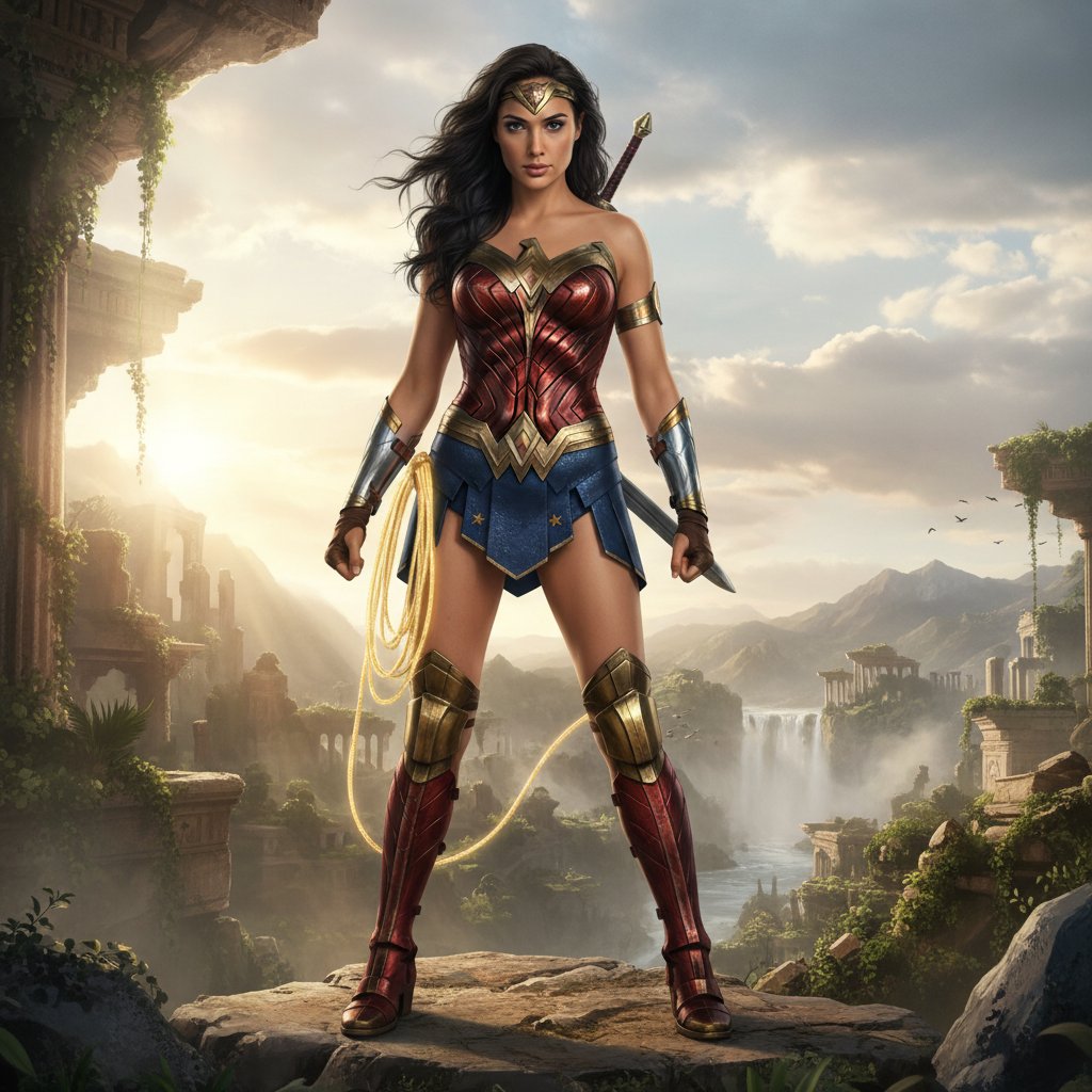 Gal Gadot as Wonder Woman in full costume, symbolizing her role as the new face of female superheroes