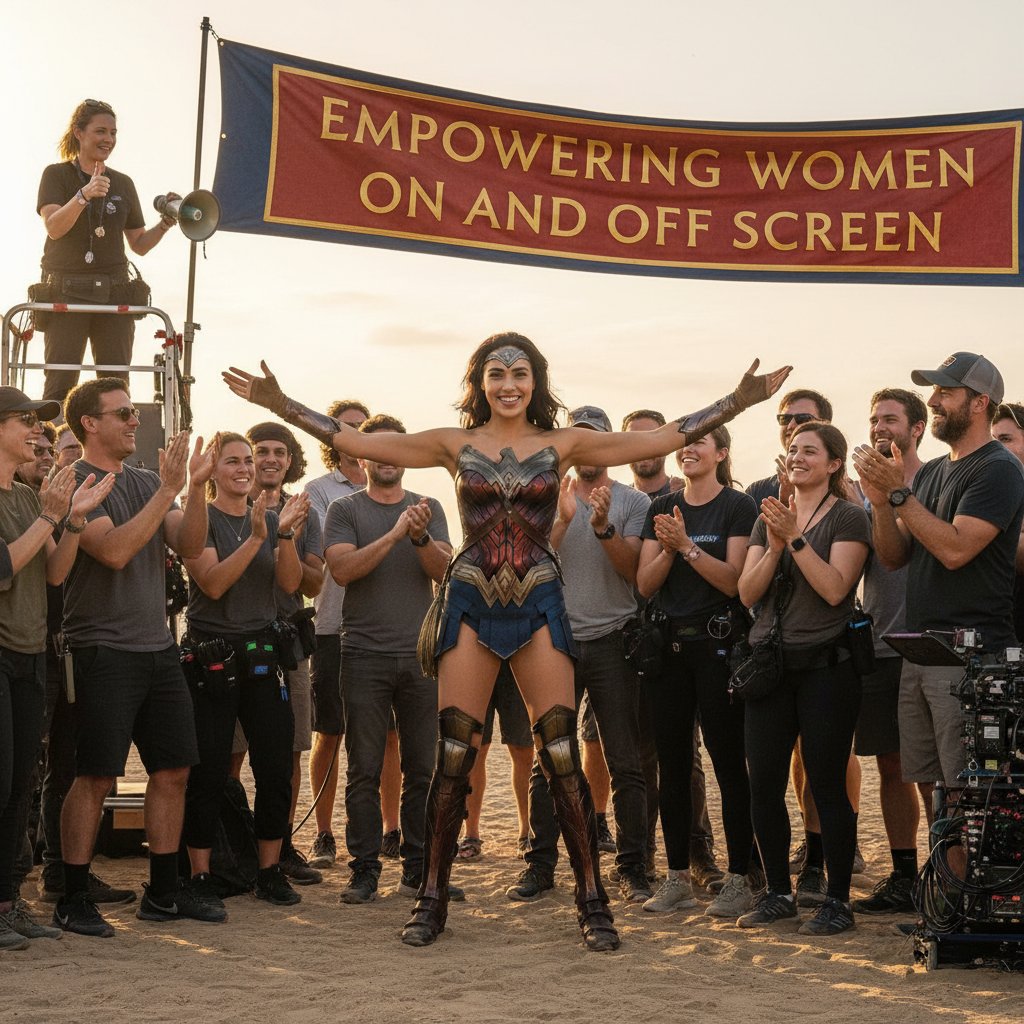 Gal Gadot preparing on set of Wonder Woman 2017, behind-the-scenes, candid, empowering, superhero movie context