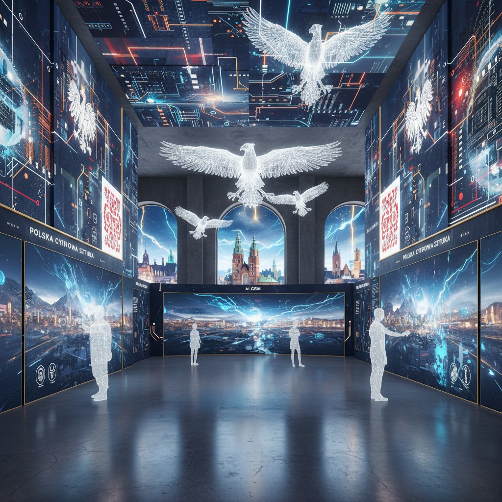 Wnętrze galerii z cyfrowymi obrazami generowanymi przez AI – polski kontekst sztuki generatywnej