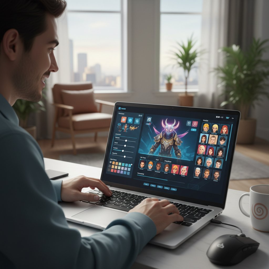 Osoba projektująca realistyczny avatar do gry na nowoczesnym laptopie, jasne światło, intensywne skupienie