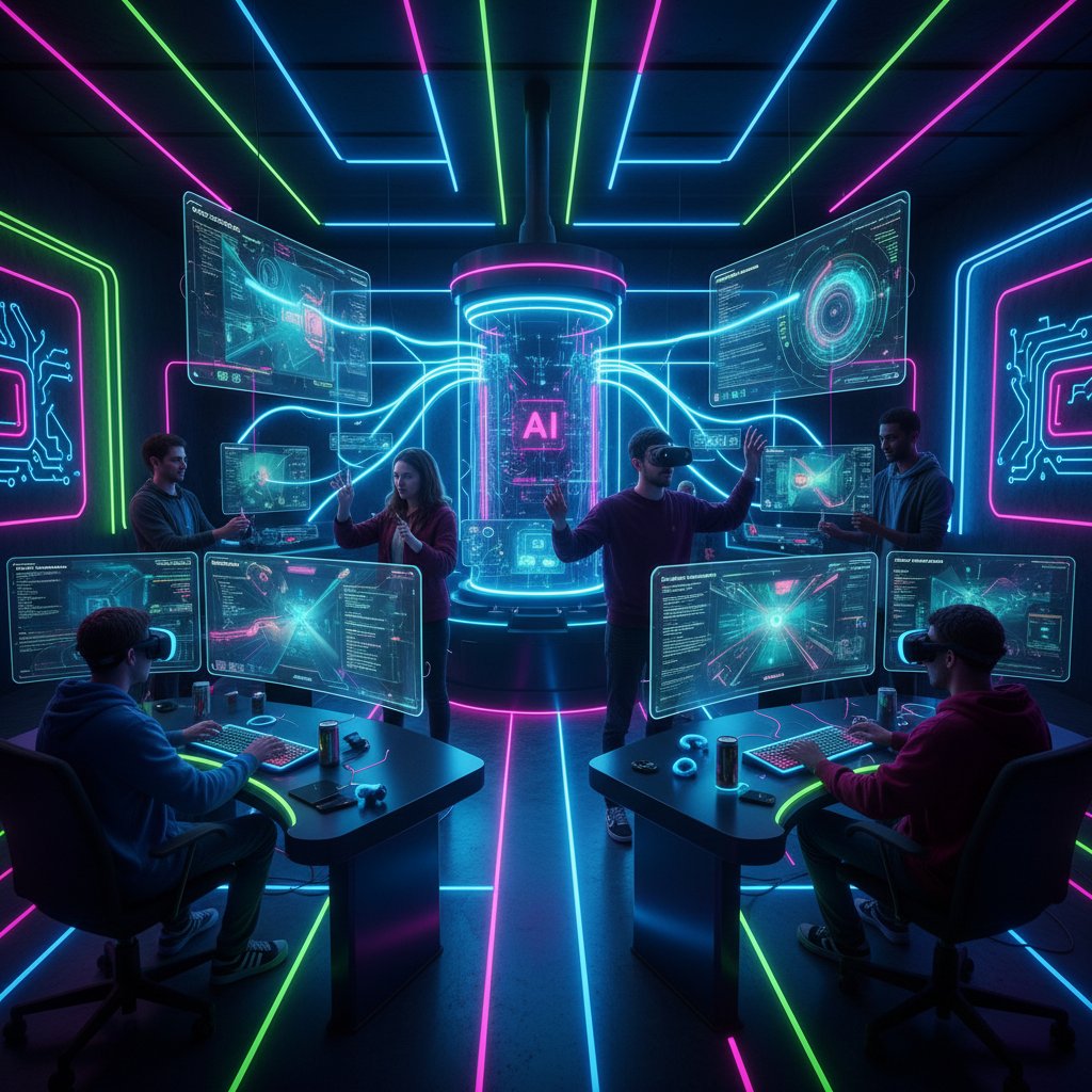 Zespół twórców gier pracujący przy komputerach z AI