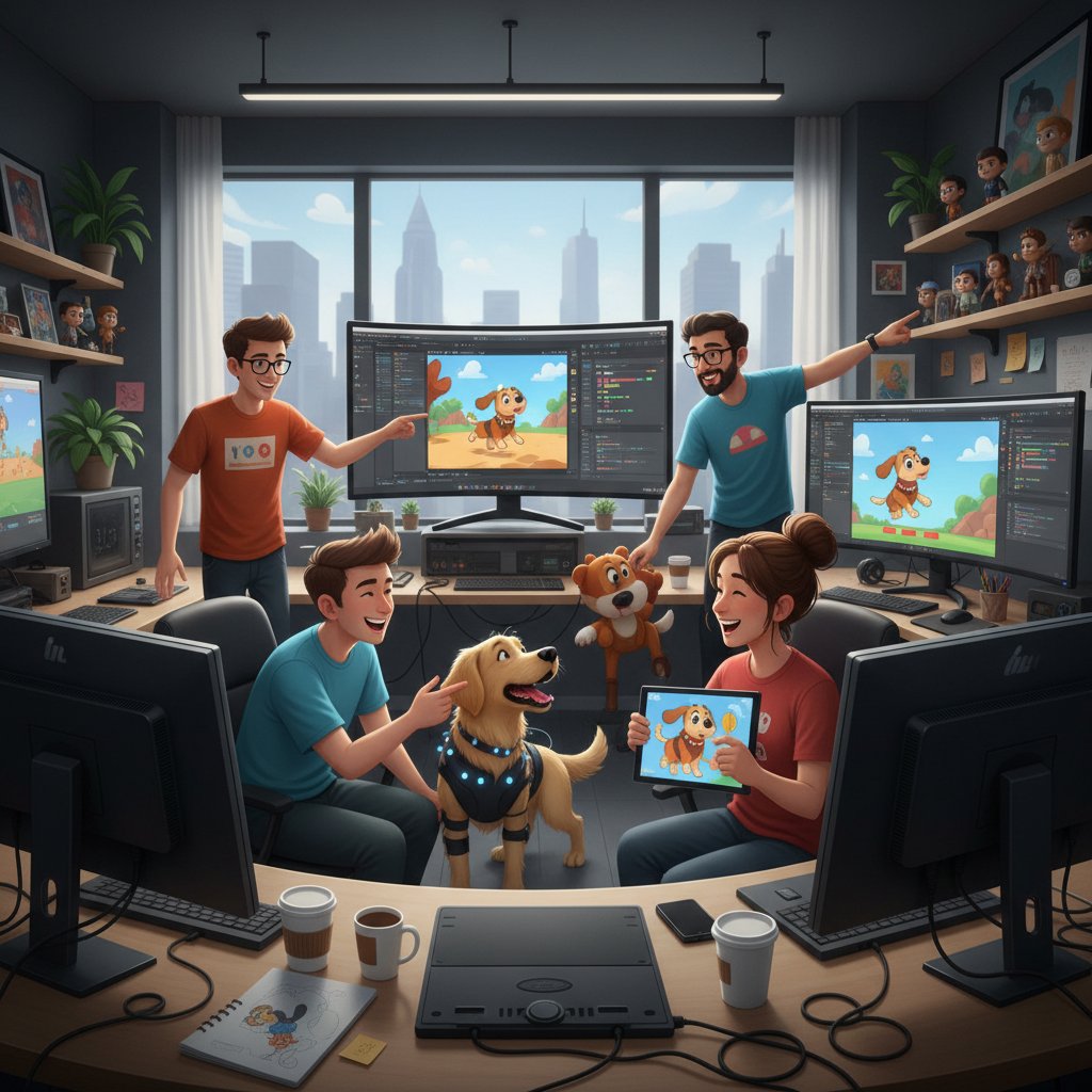 Zespół twórców gier przy pracy nad animacją psa, studio developerskie
