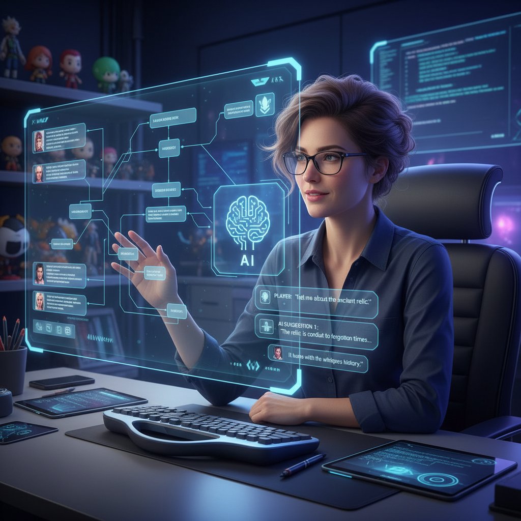 Projektant gier pracujący z AI nad dialogami postaci