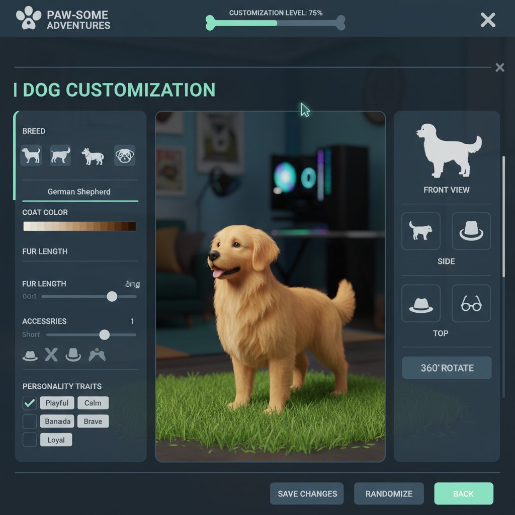 Ekran gry z opcjami personalizacji psa, komputerowy interfejs