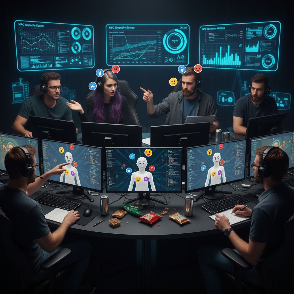 Grupa testerów grająca w grę, analizująca reakcje NPC
