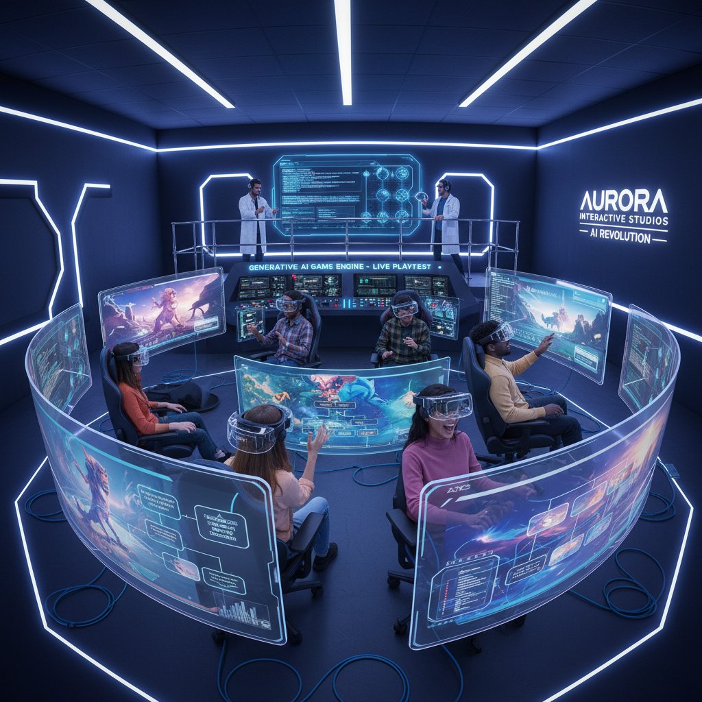 Grupa graczy testujących najnowsze gry z AI w nowoczesnym studiu