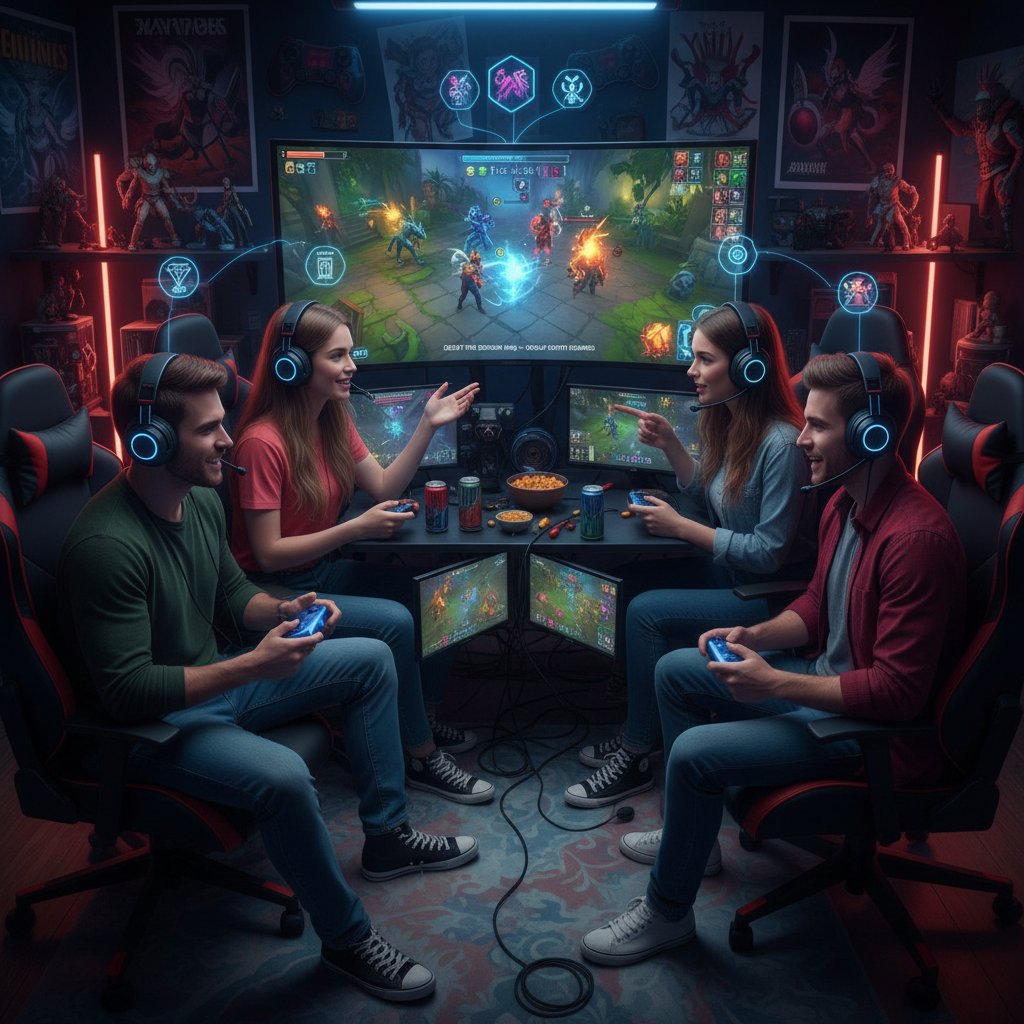 Gamers collaborating in competitive multiplayer video game, group effort in interactive media