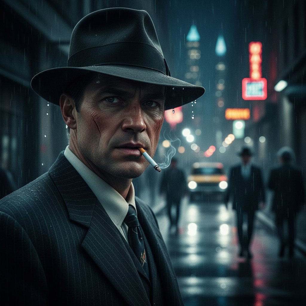 Cinematic close-up of gangster movie protagonist with fierce gaze, urban night city, tension and drama