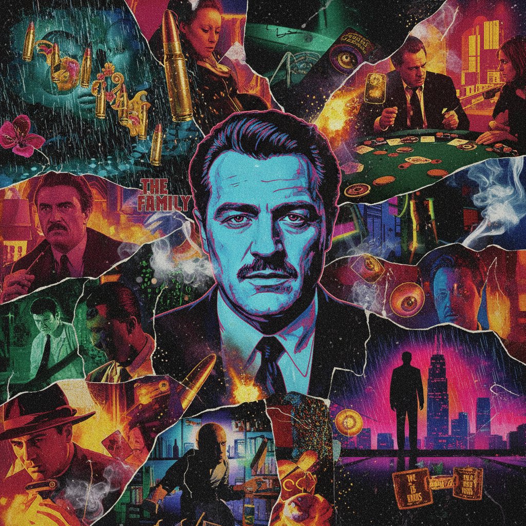 Collage of iconic gangster film moments, vibrant, layered, surreal, from classic to modern