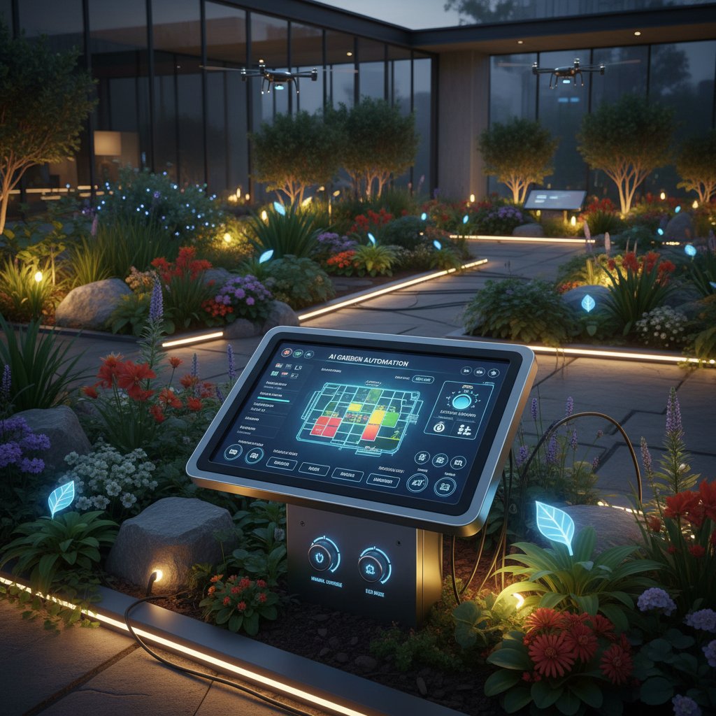 Nowoczesny ogród sterowany przez AI i IoT, panele kontrolne, automatyczne światła
