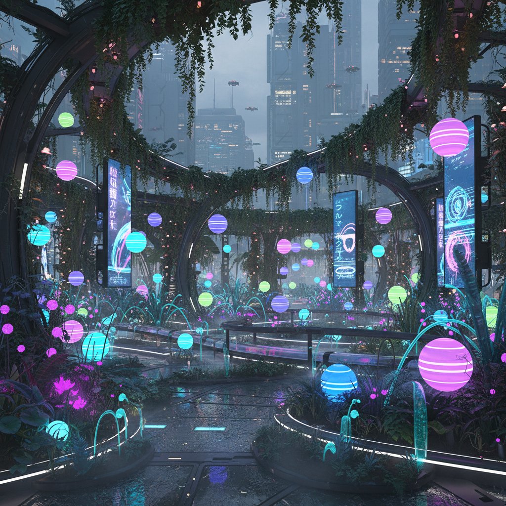 Ogród w stylu cyberpunk, kule świetlne, girlandy i oświetlenie smart