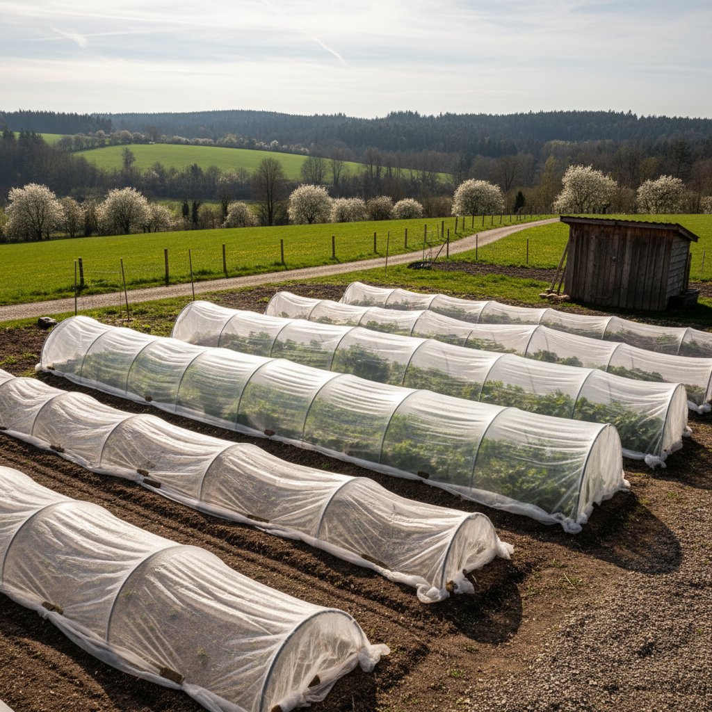 Ogród z włókniną przykrywającą młode sadzonki, widoczne tunele foliowe na grządce