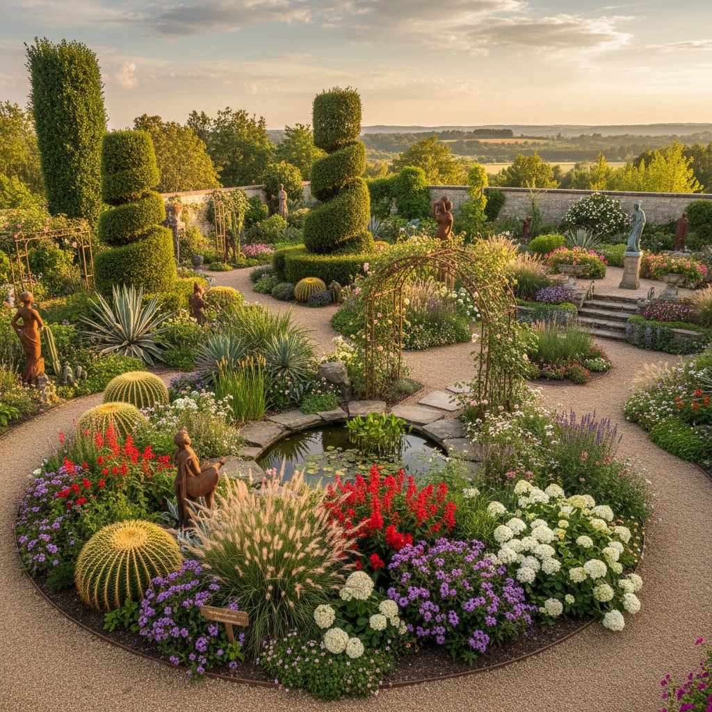 Ogród pełen różnorodnych roślin ozdobnych, światło poranne, atmosfera inspiracji