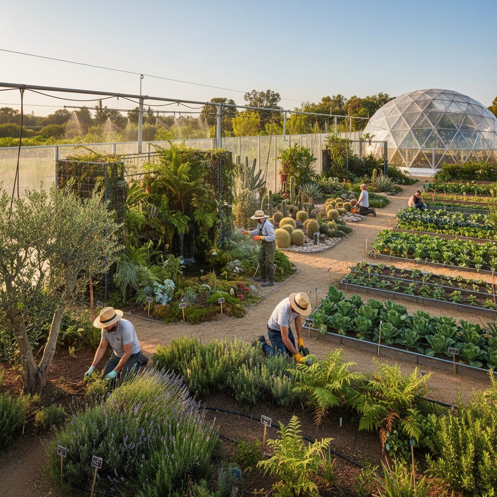 Ogród z wyraźnie zaznaczonymi strefami mikroklimatycznymi, osoby pracujące w różnych miejscach