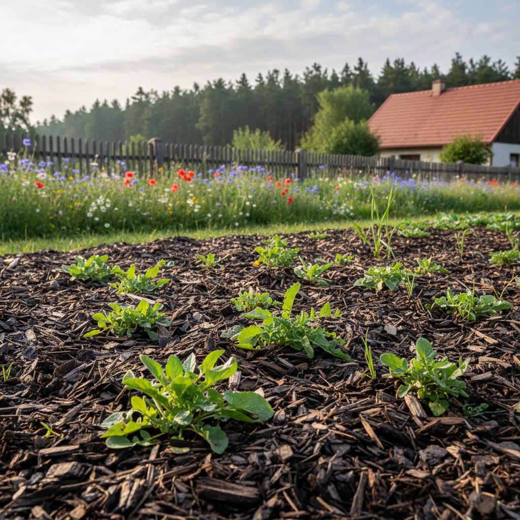 Widok mazurskiego ogrodu z mulczem i pojawiającymi się chwastami