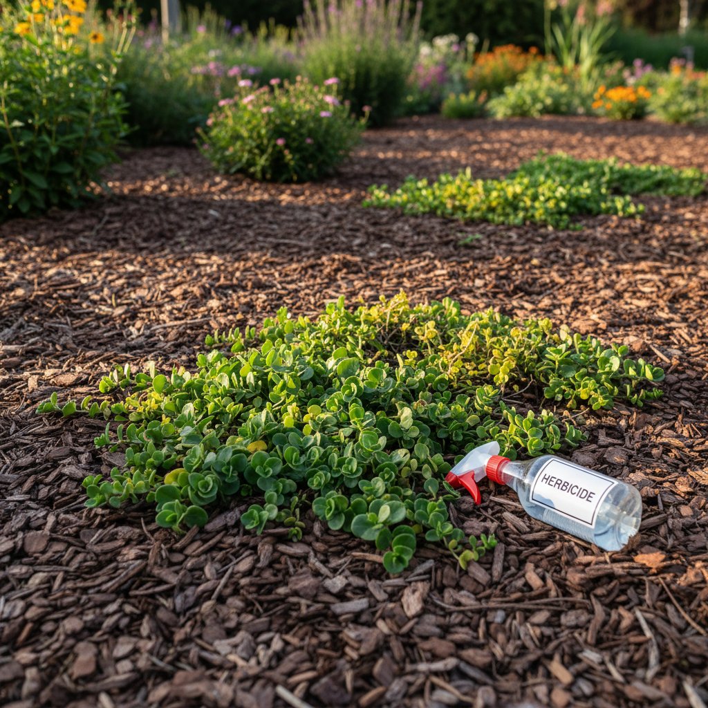 Zdjęcie ogrodu podzielonego na część z mulczem, część opryskaną herbicydem i część z roślinami okrywowymi