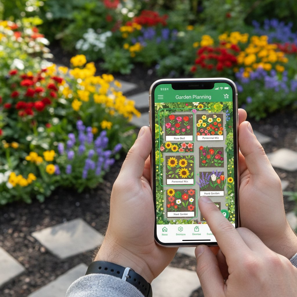 Nowoczesne technologie wspierające polskich ogrodników, smartfon wśród rabat