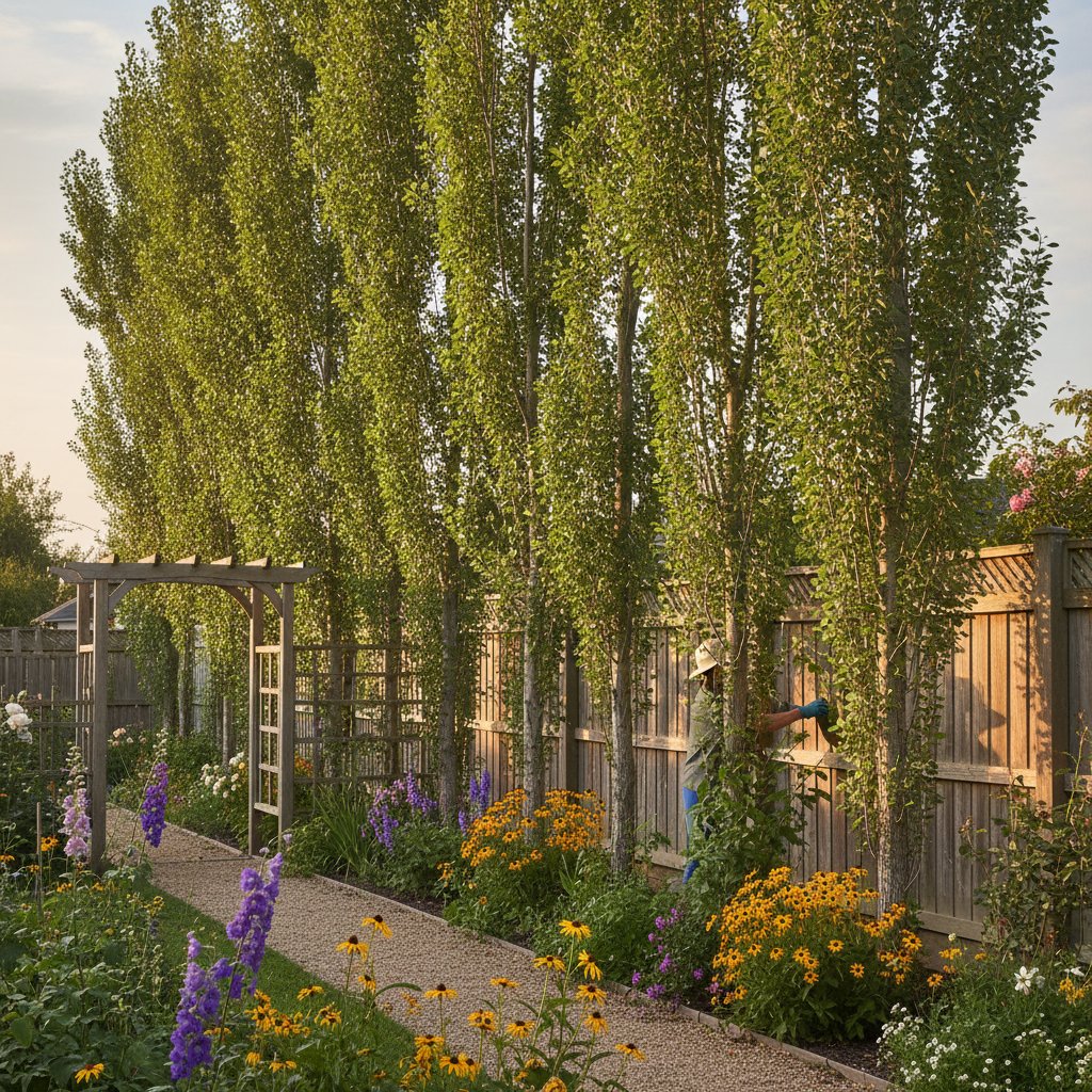 Granica ogrodu z drzewami kolumnowymi w tle, sąsiad patrzący zza płotu