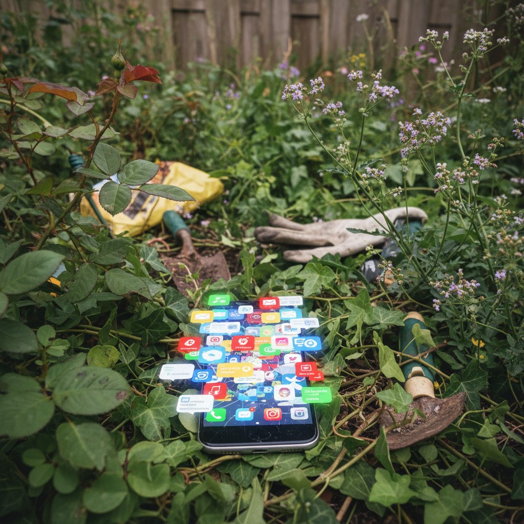 Ogród z widocznymi oznakami chaosu, smartfon z licznymi powiadomieniami na ekranie