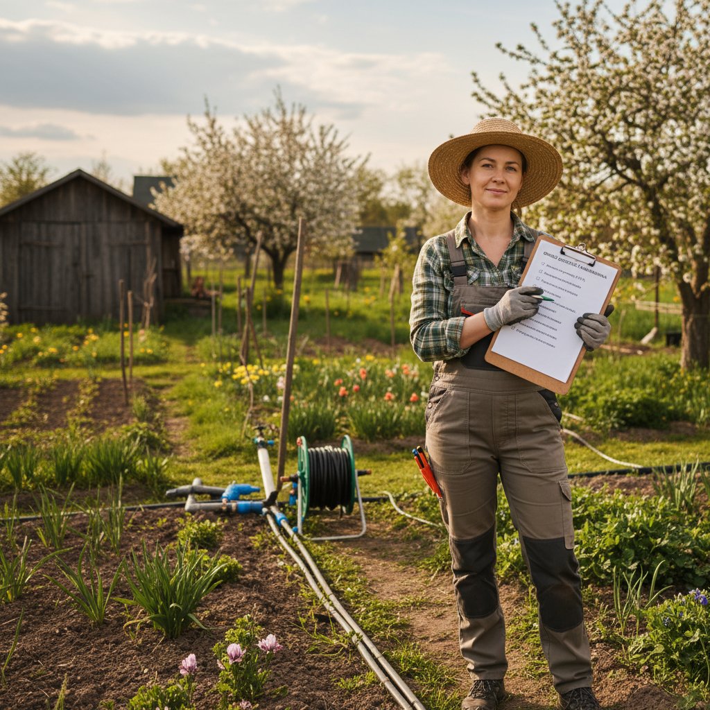 Osoba sprawdzająca instalację, clipboard z checklistą, polski ogród