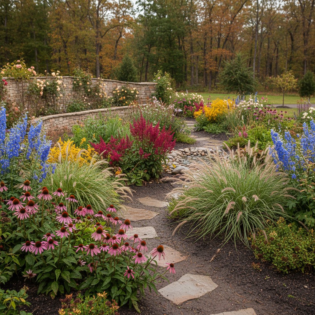 Kompozycja roślin w ogrodzie na wilgotnej glebie: różnorodność kolorów i tekstur