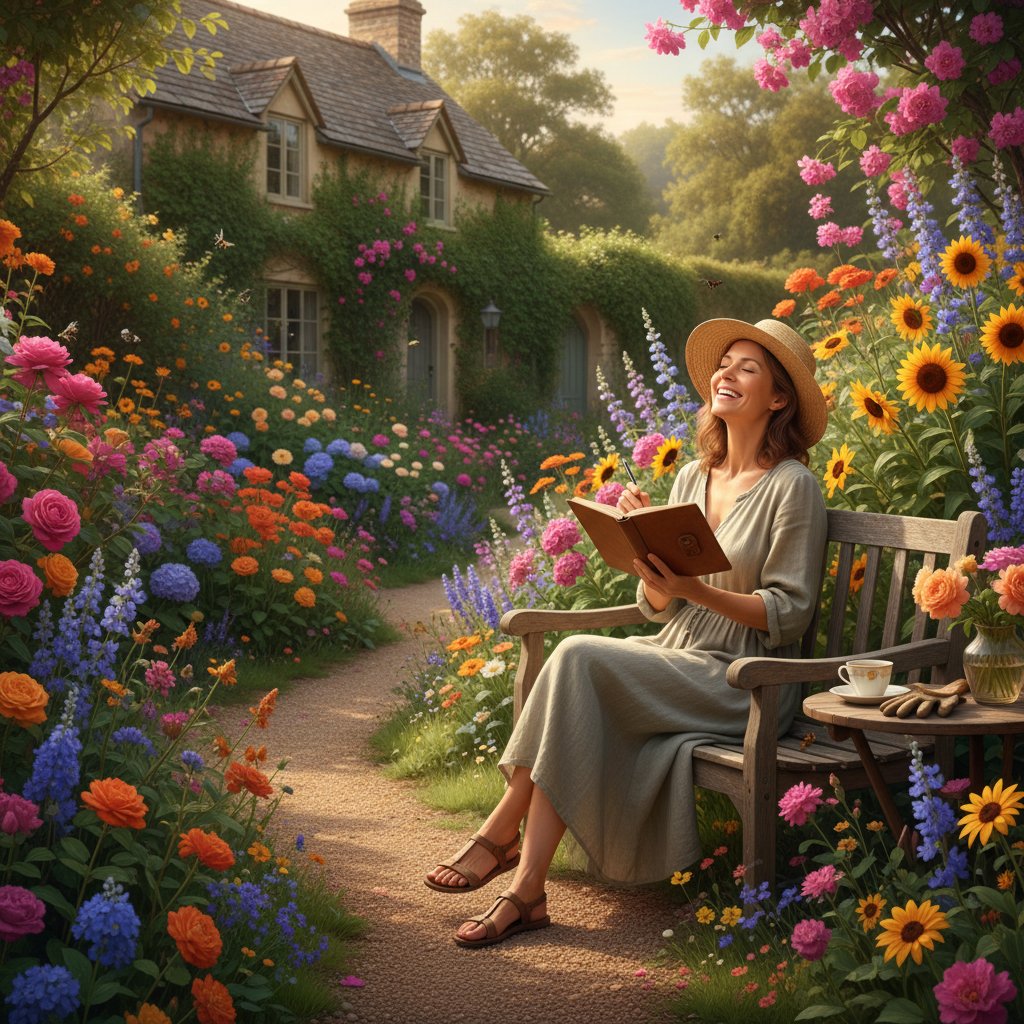 Ogród w pełni rozkwitu, właściciel z notesem, uśmiechnięty, obserwuje efekty