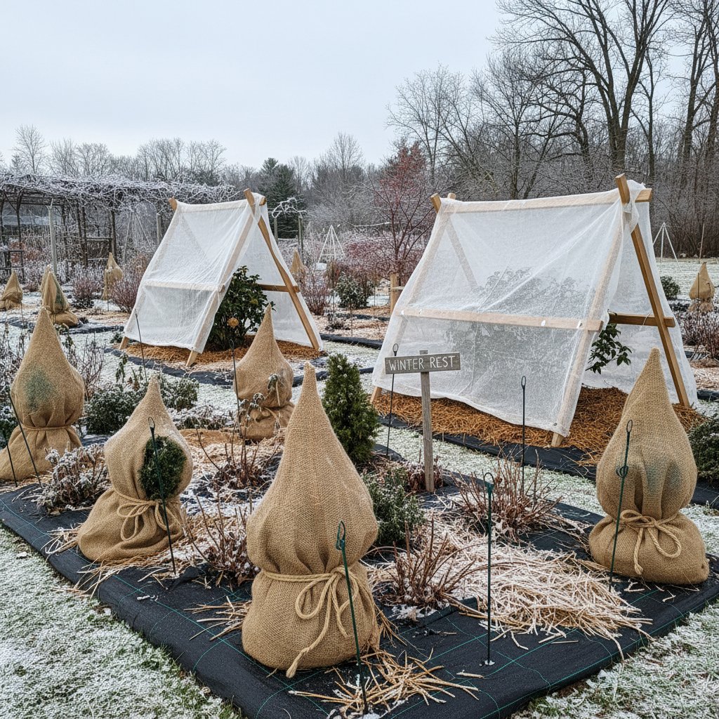Ogród zimą, przykryty śniegiem, z widoczną ochroną roślin