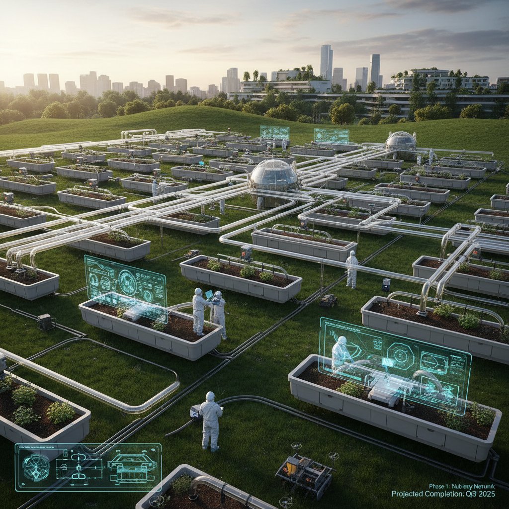 Montowanie infrastruktury automatycznego nawożenia w ogrodzie, osoba planuje rozmieszczenie węży