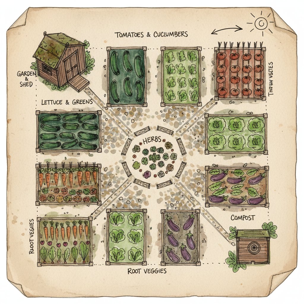 Plan ogrodu warzywnego na papierze, kolorowe szkice, dłoń ogrodnika