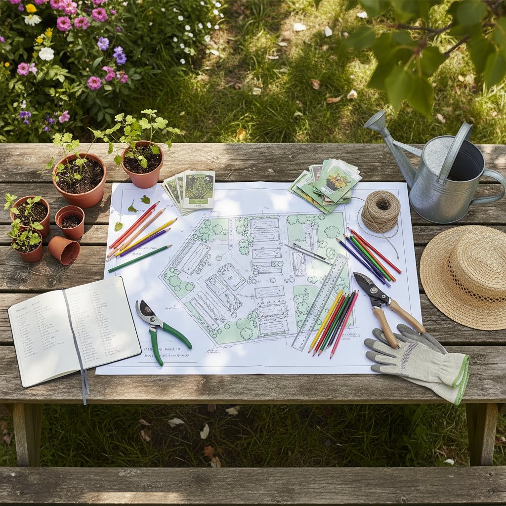 Planowanie ogrodu na papierze, narzędzia ogrodnicze i mapy rozłożone na stole