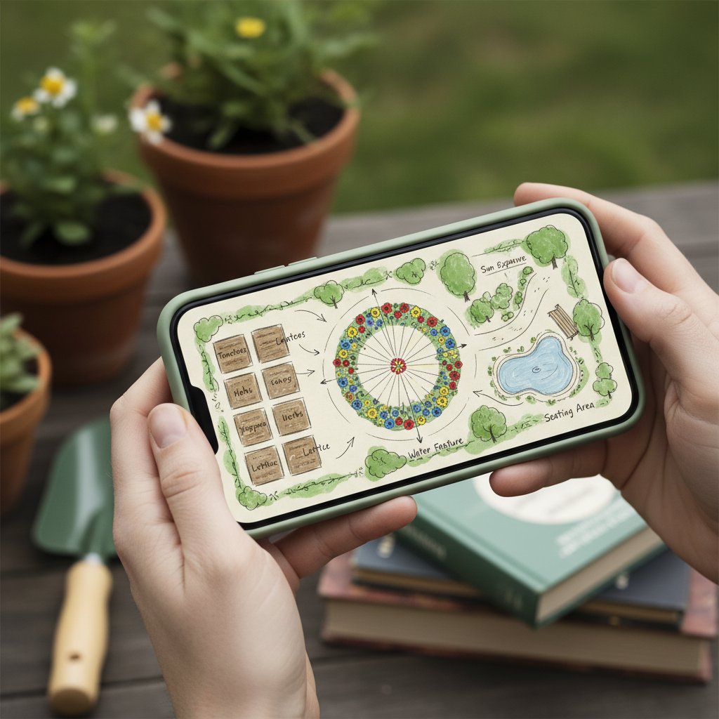 Planowanie ogrodu z aplikacją mobilną, zdjęcie smartfona obok szkiców ogrodu