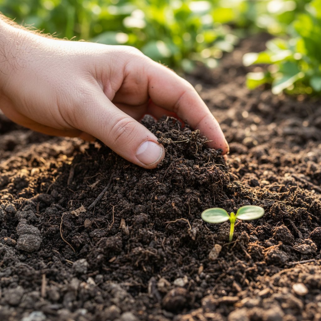 Ręka zbliżająca dobrą, pulchną ziemię ogrodową