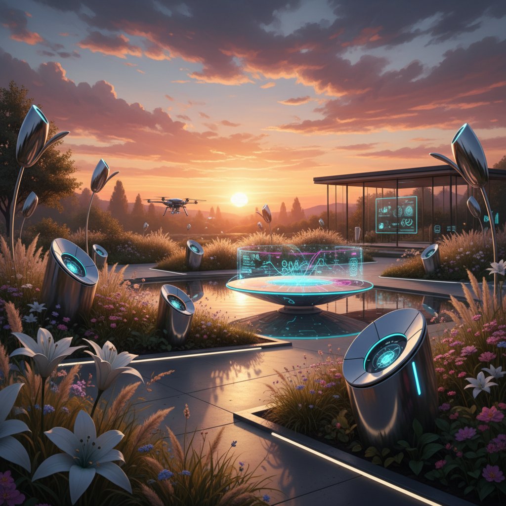 Ogród o zachodzie słońca z nowoczesnymi czujnikami — zdjęcie ogrodu z widocznymi sensorami na rabatach o zmierzchu