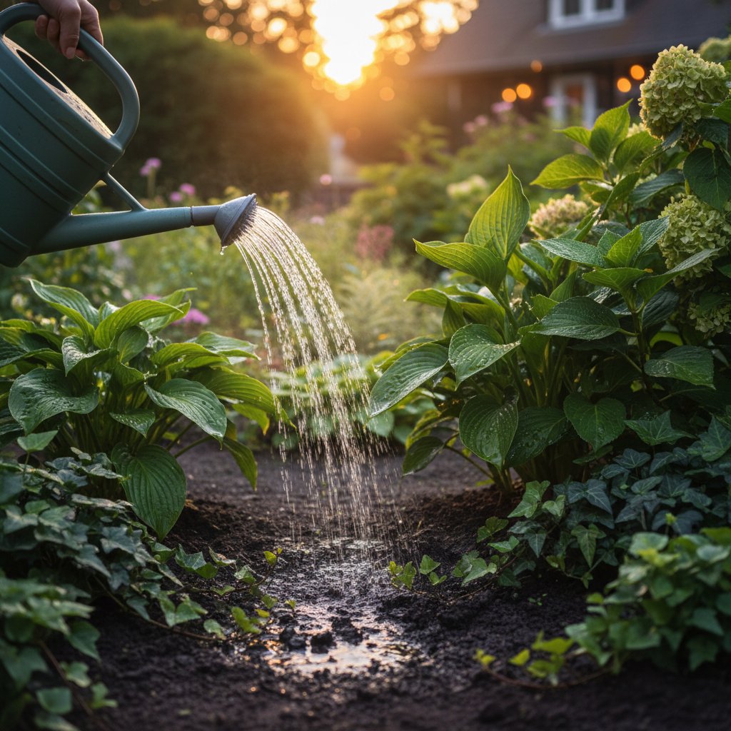 Podlewanie ogrodu wieczorem, z widoczną wilgotną ziemią i zdrowymi roślinami