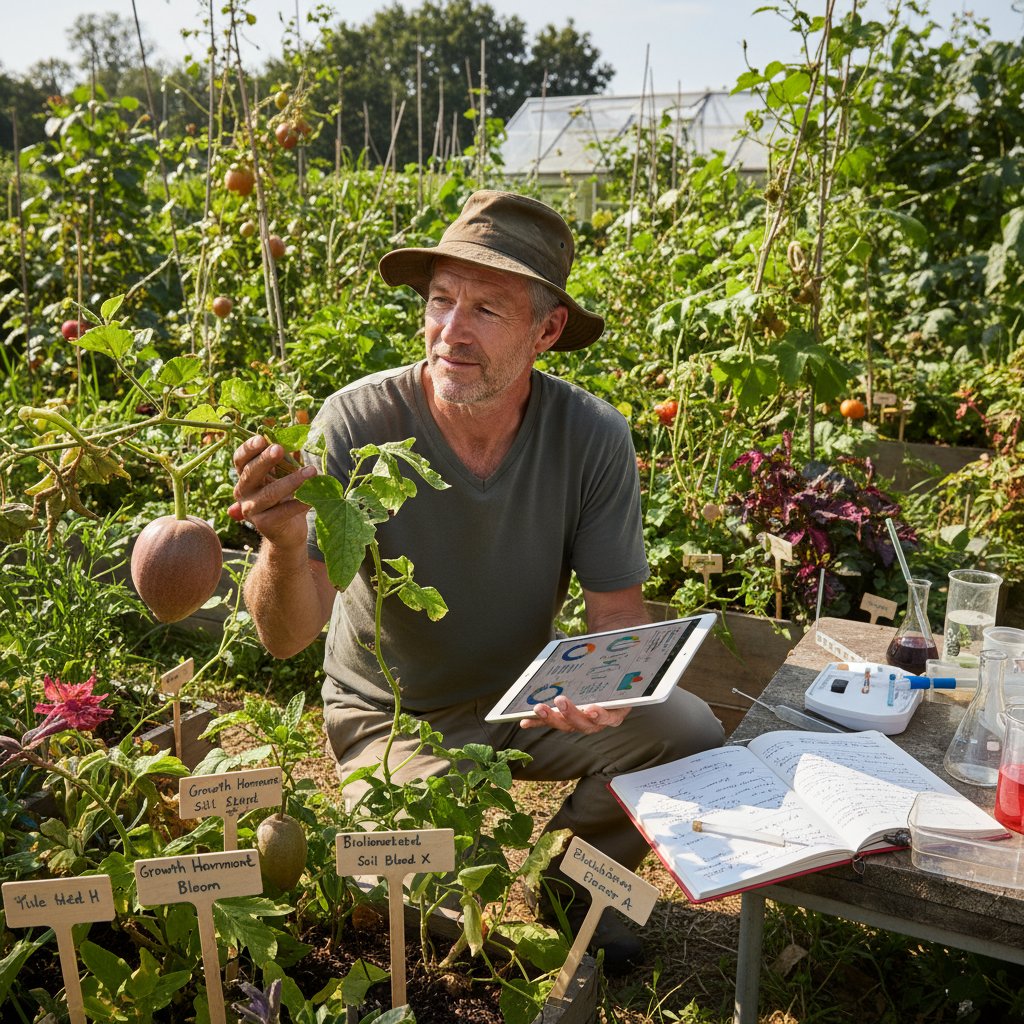 Ogrodnik analizujący efekty eksperymentu na tle bujnego ogrodu