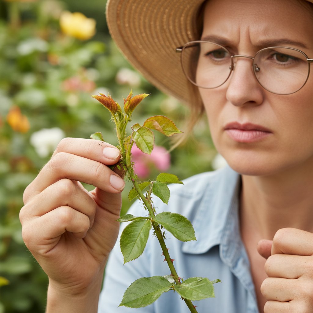 Ogrodnik zamyślony przy roślinie z mszycami, wyrażenie frustracji i troski o ogród