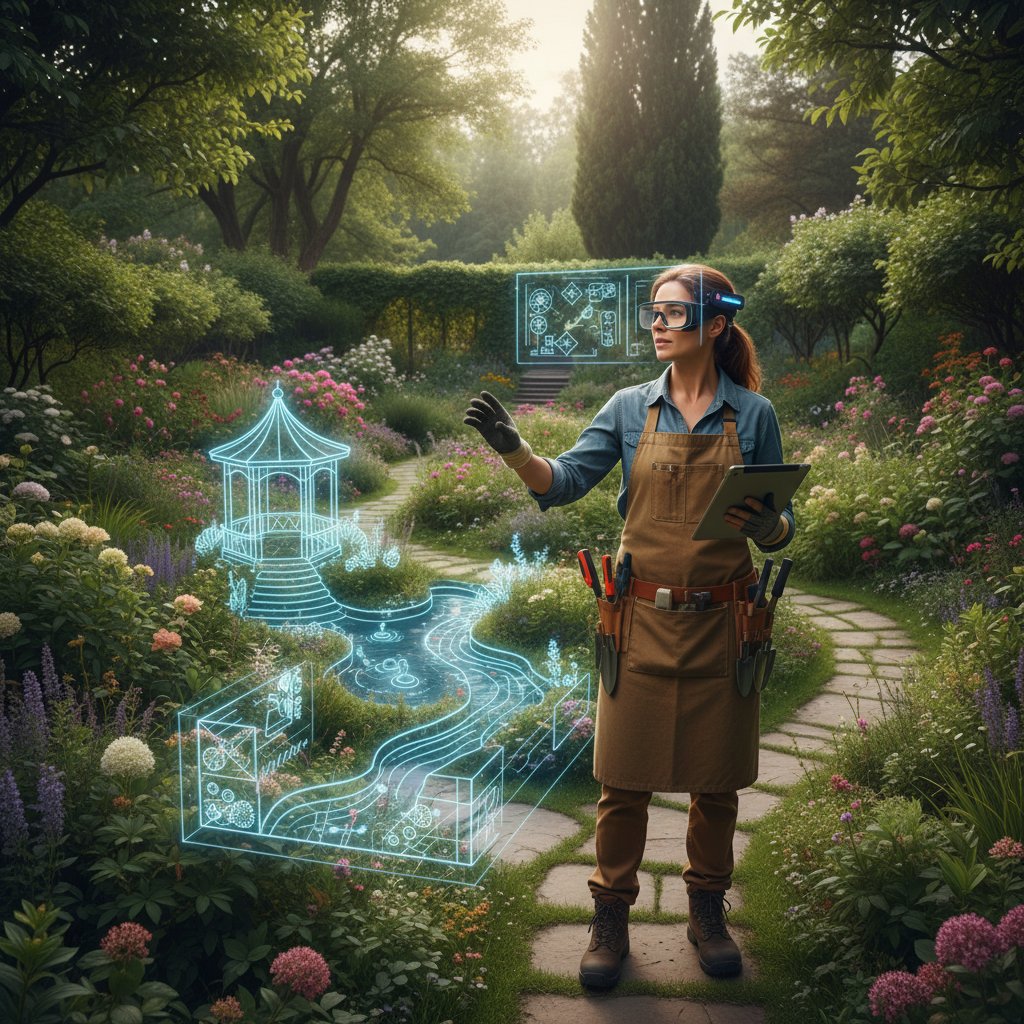 Ogrodnik korzystający z okularów AR, wizualizujących projekty ogrodu