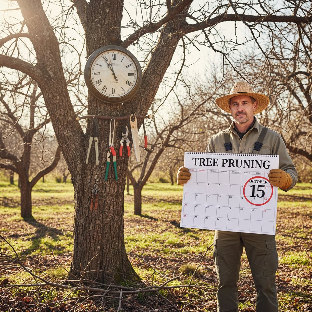 Kalendarz cięcia ogrodowego – ogrodnik spogląda na zegar wśród drzew