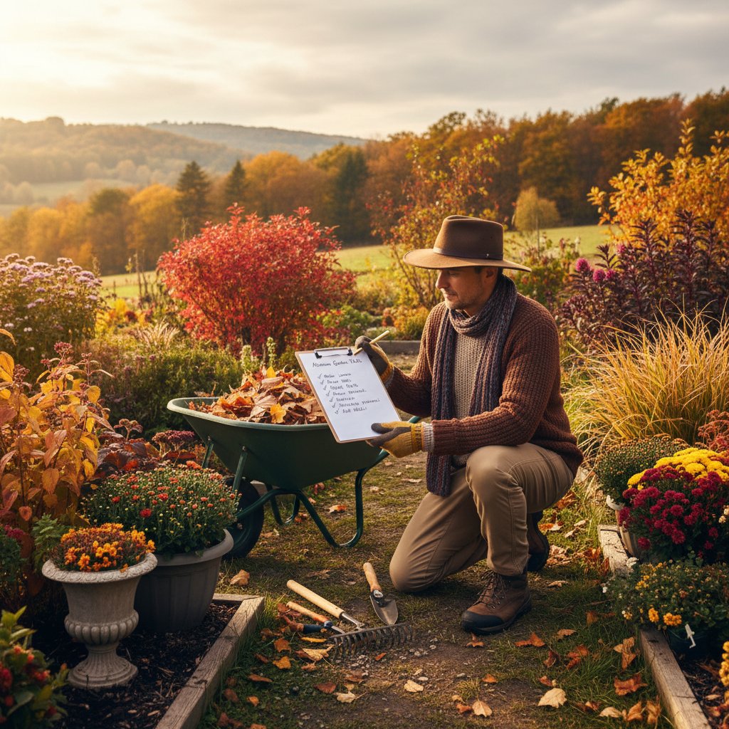 Ogrodnik z listą kontrolną i narzędziami jesienią na tle uporządkowanego ogrodu