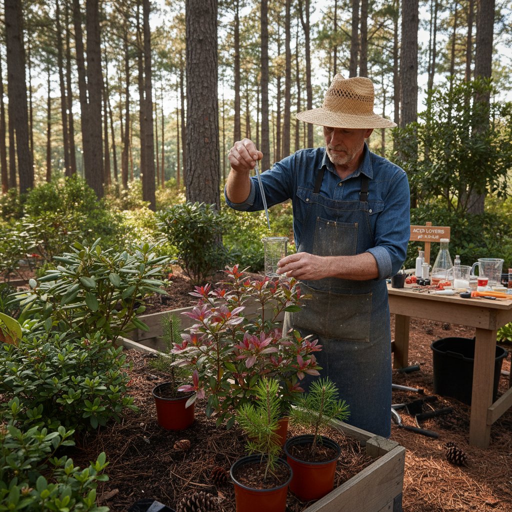 Ogrodnik eksperymentujący z kompozycją roślin kwaśnolubnych, testuje różne ściółki i mikroklimaty pod sosnami