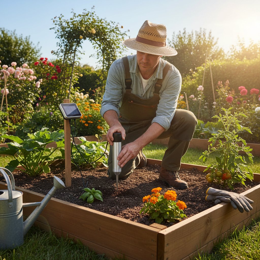 Ogrodnik instaluje czujnik w centralnej części rabaty, pokazując właściwą lokalizację