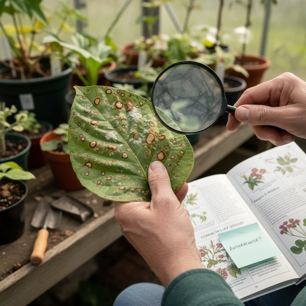 Ogrodnik analizujący liście z plamami, zbliżenie dłoni i liścia, naturalne światło