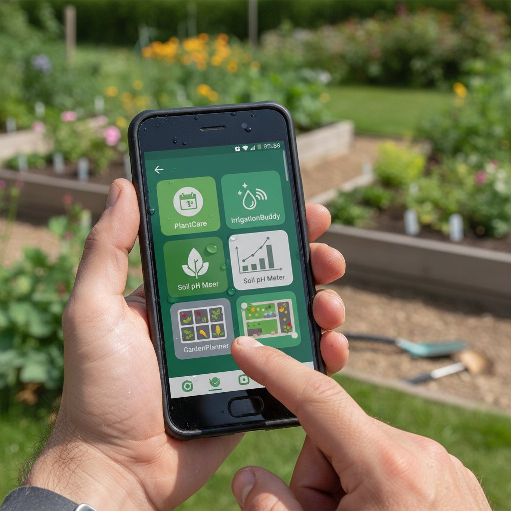 Nowoczesny ogrodnik korzystający z różnych aplikacji, smartfon, ekran, zbliżenie na aplikacje