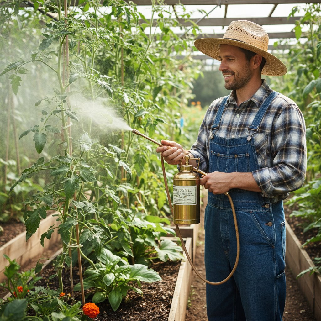 Przyjazne środowisku metody walki z chorobami: ogrodnik opryskujący rośliny naturalnym preparatem