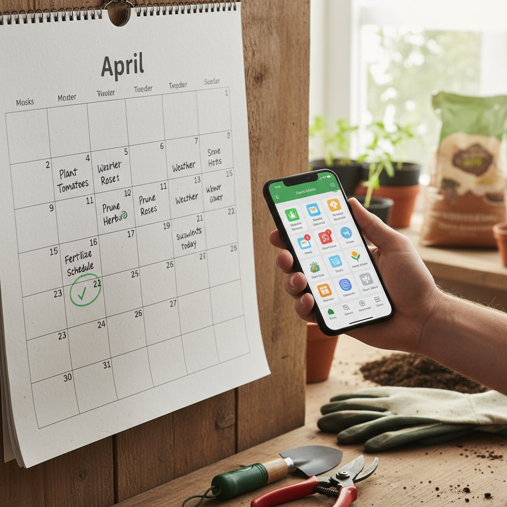 Osoba trzymająca stary kalendarz ogrodniczy obok smartfona z aplikacją ogrodniczą