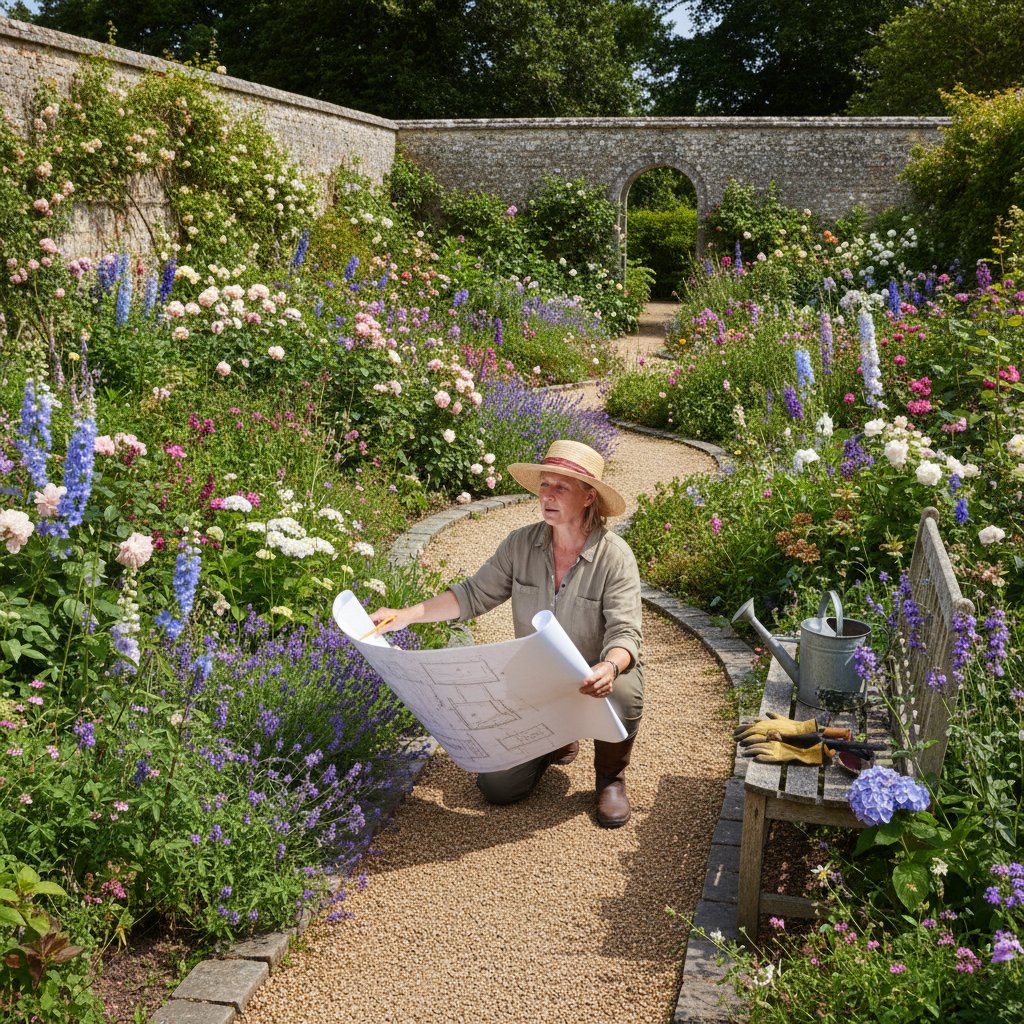 Zdjęcie ogrodnika planującego układ ścieżek i rabat w bujnym ogrodzie angielskim