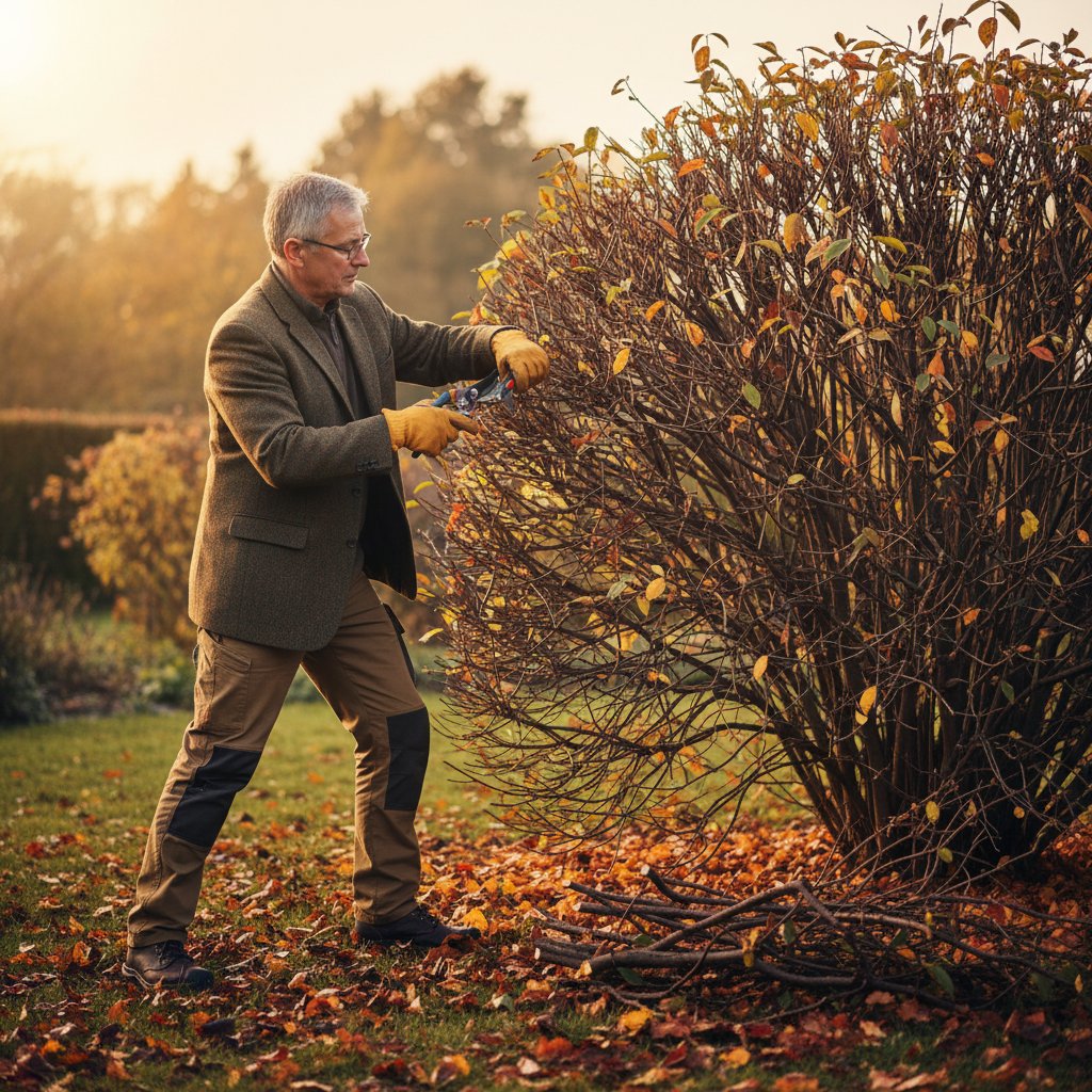 Doświadczony ogrodnik przycina krzewy przed zimą, pokazując prawidłową technikę