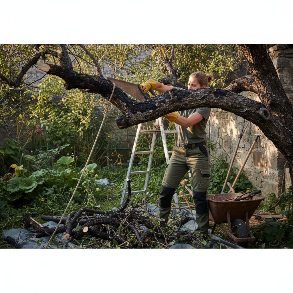 Przycinanie trudnych przypadków – ogrodnik usuwa grubą, chorą gałąź