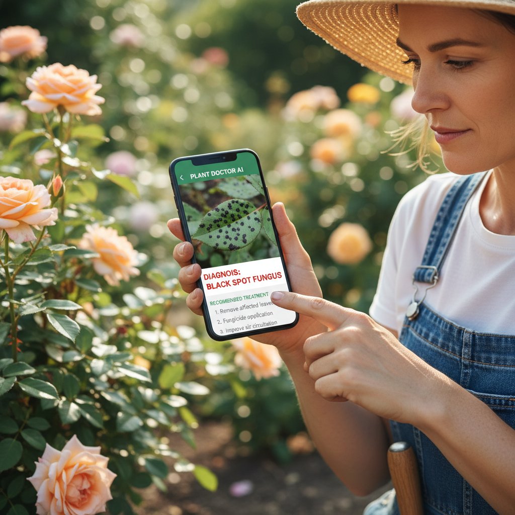 Ogrodniczka z telefonem robi zdjęcie liścia róży, na ekranie aplikacja ogrodnicza