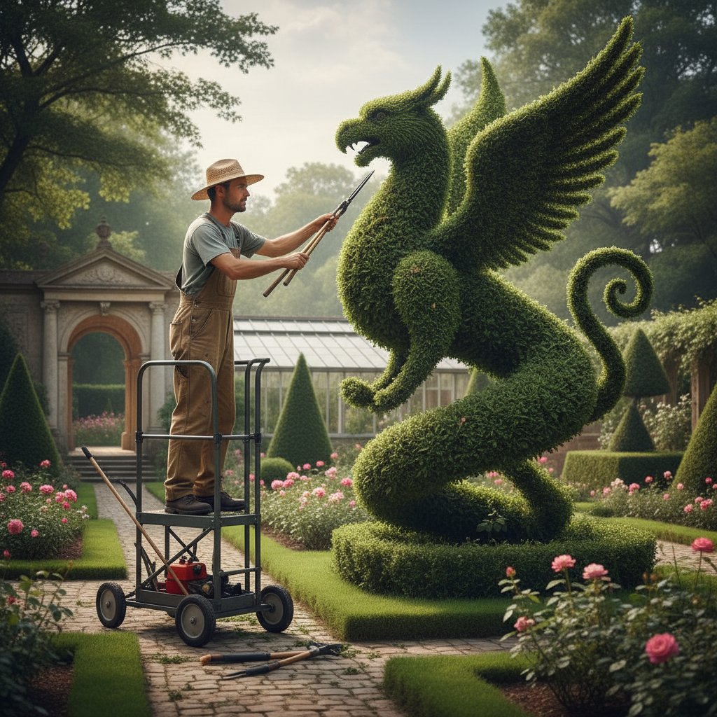 Ogrodnik formuje drzewko ozdobne w fantazyjny kształt